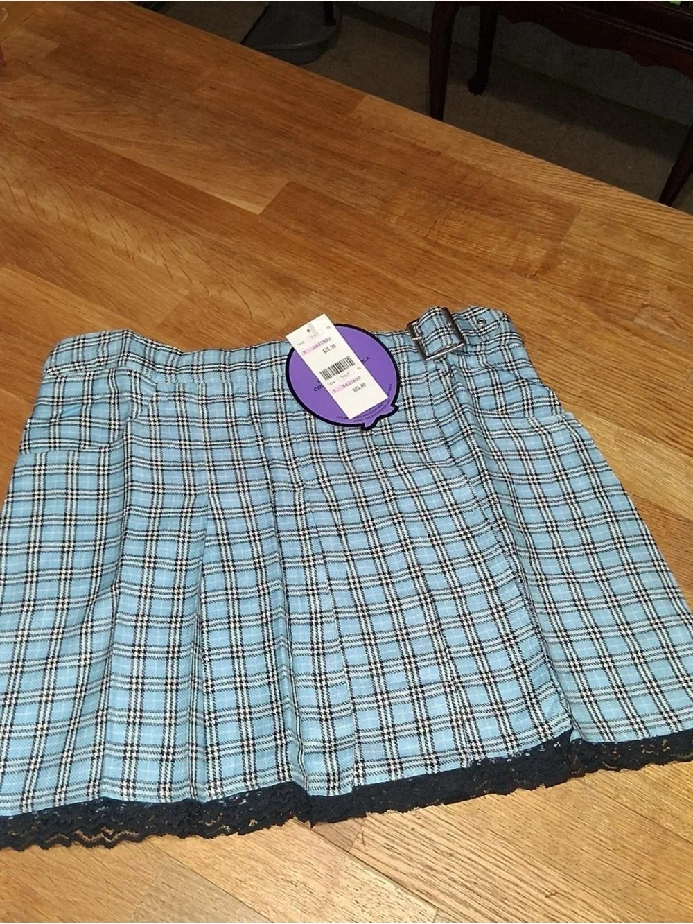 Light Blue Plaid Mini Skirt with Lace Trim